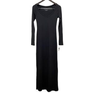 Norma Kamali Long Sleeve Scoop Neck Henley Tee Black Midi Dress Size X-Small